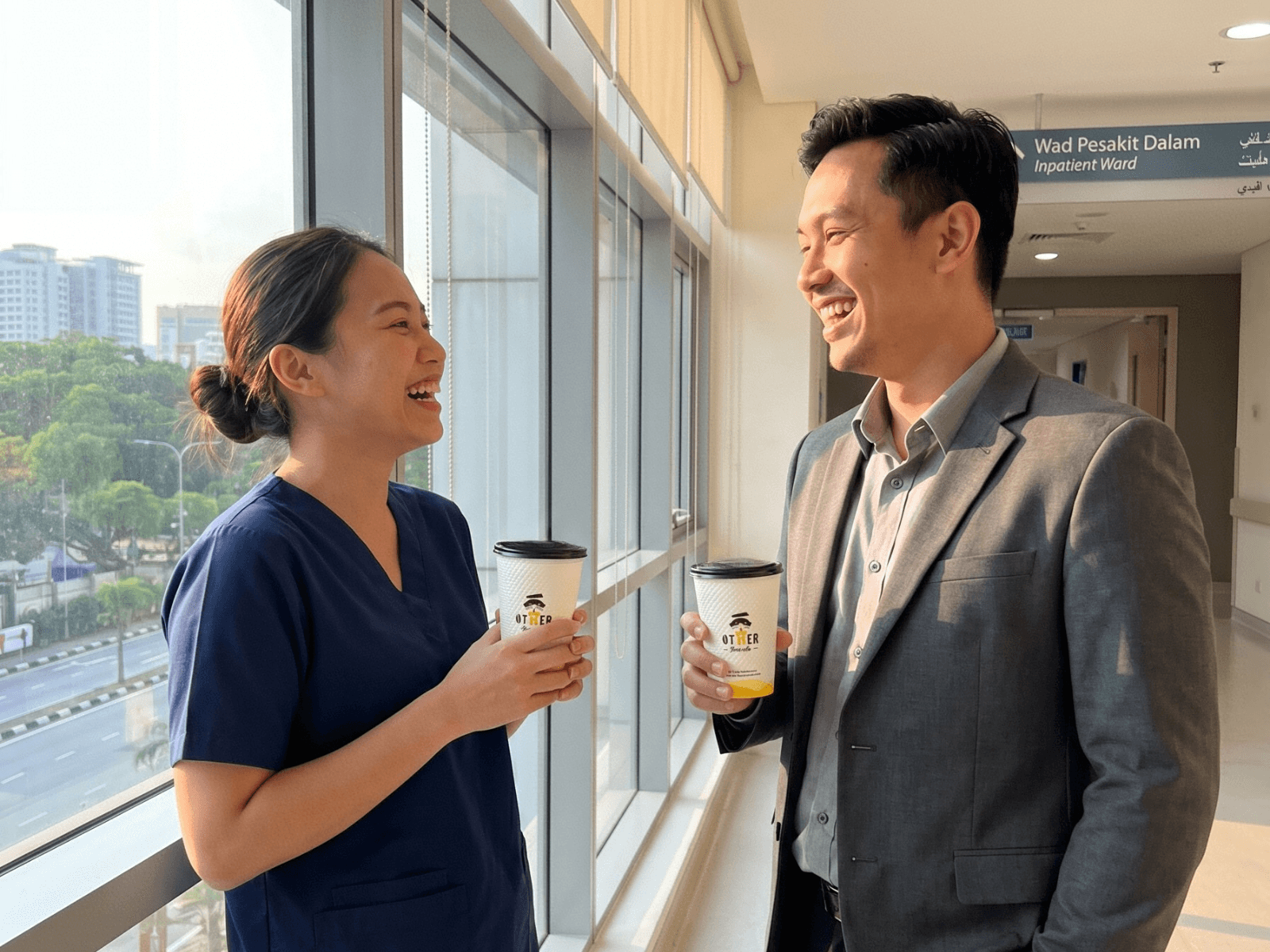 Two hospital staff holding Otter cups at a corridor window