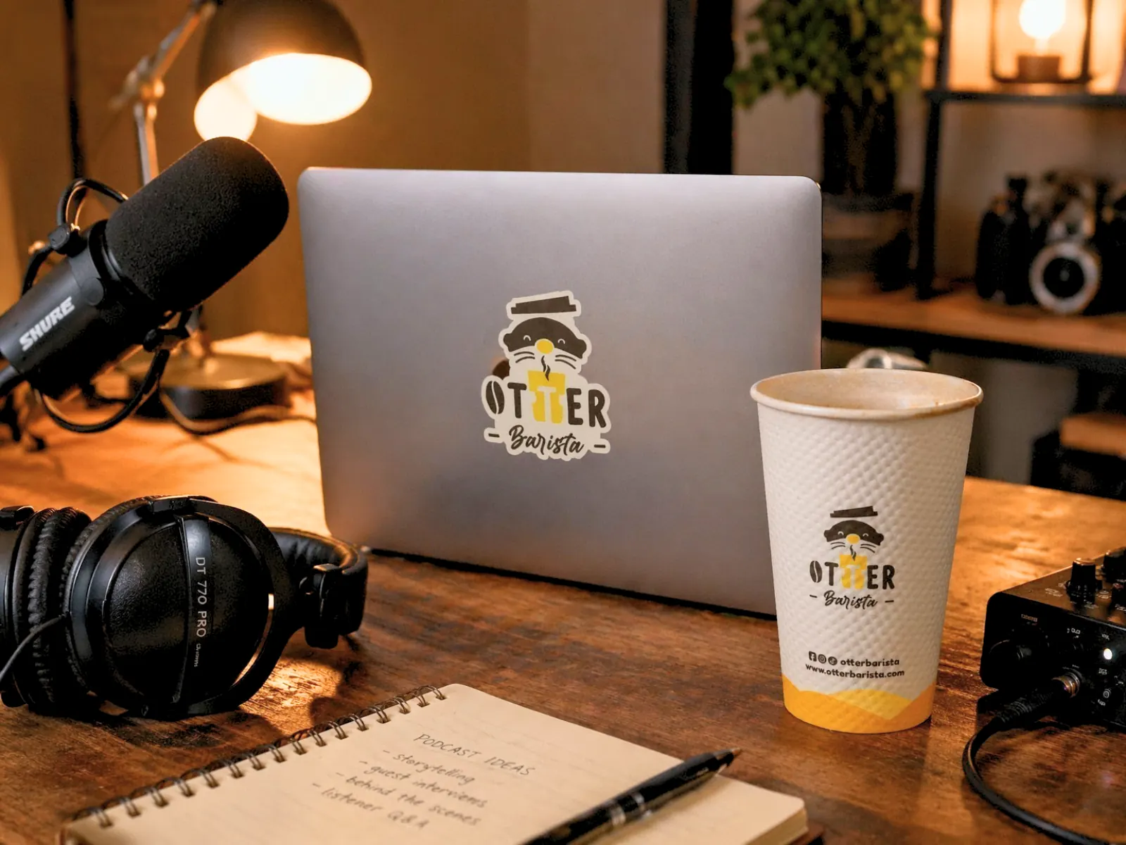 A podcast recording setup — microphone and headphones on a wooden surface
