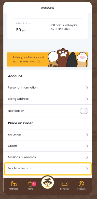 Account screen in the Otter web app with Machine Locator highlighted